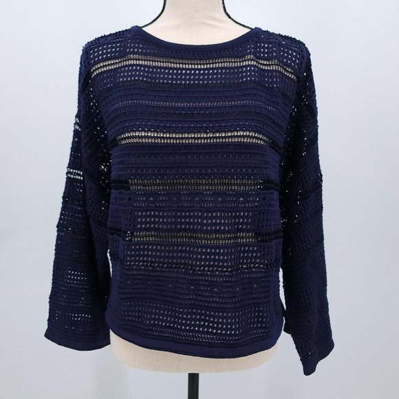 Ceny Women's Large Navy Pointelle Boat Neck Sweater - Picture 2 of 10